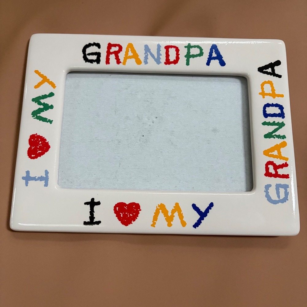 Vintage I Love My Grandpa Ceramic Picture Frame 4x6 White Crayon Lettering Retro